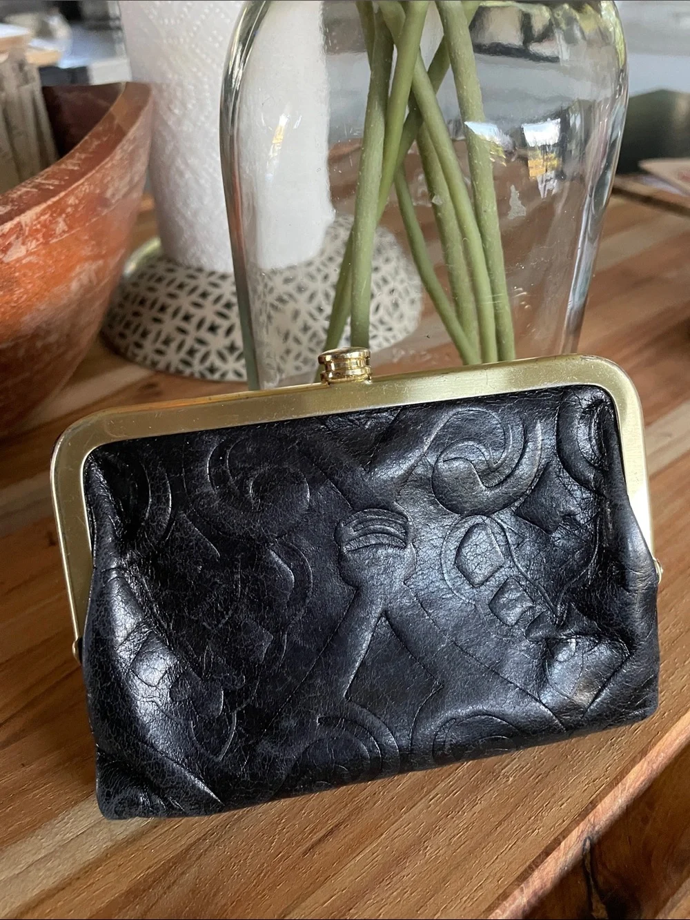 HOBO Classic Black Embossed Frame Clutch with Gold Hardware